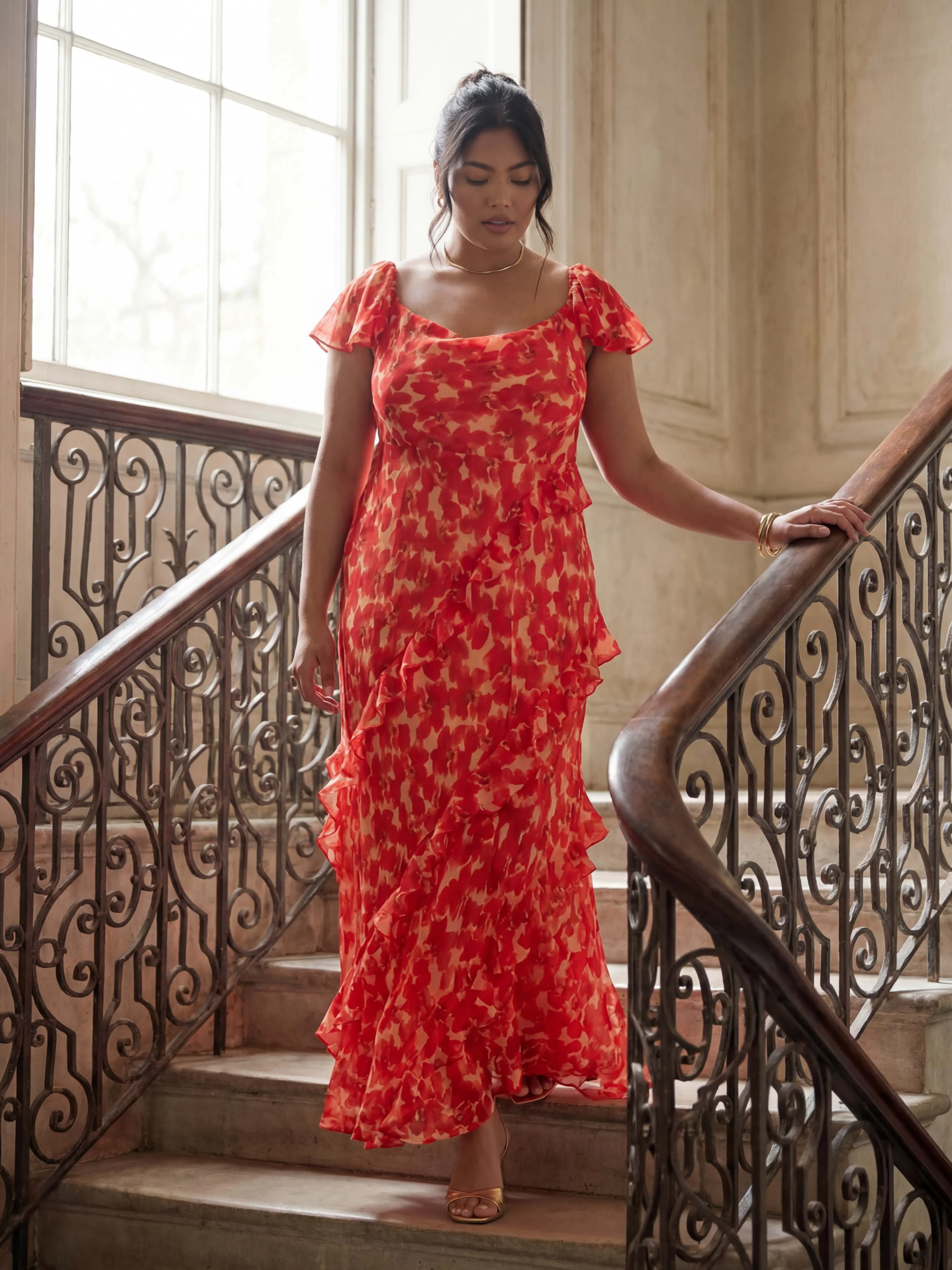 Petite Red Floral Ruffle Sleeve Maxi Dress