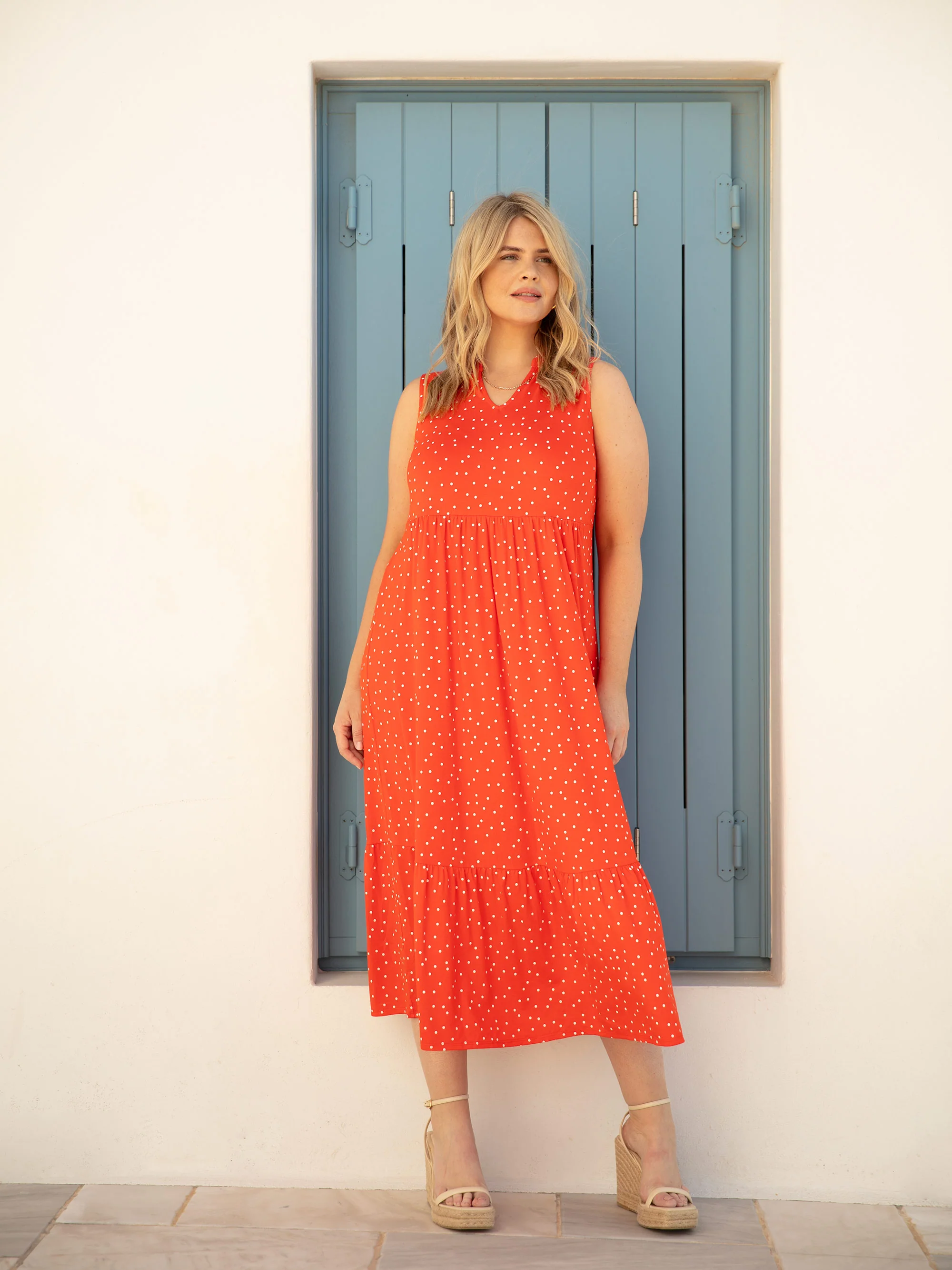 Petite Red Spot Print Jersey Sleeveless Midi Dress - Image 2