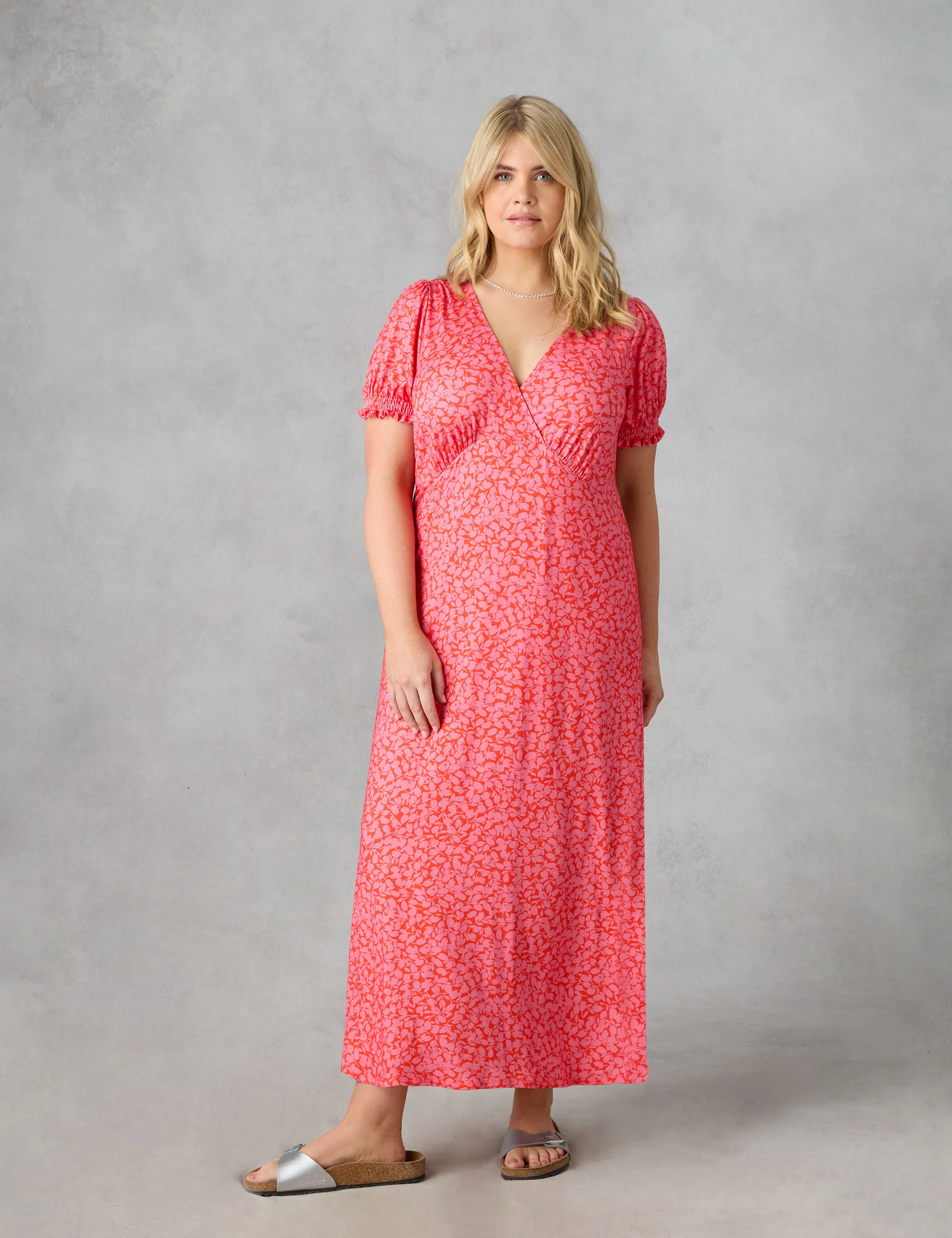 Pink Floral Jersey Shirred Cuff Maxi Dress