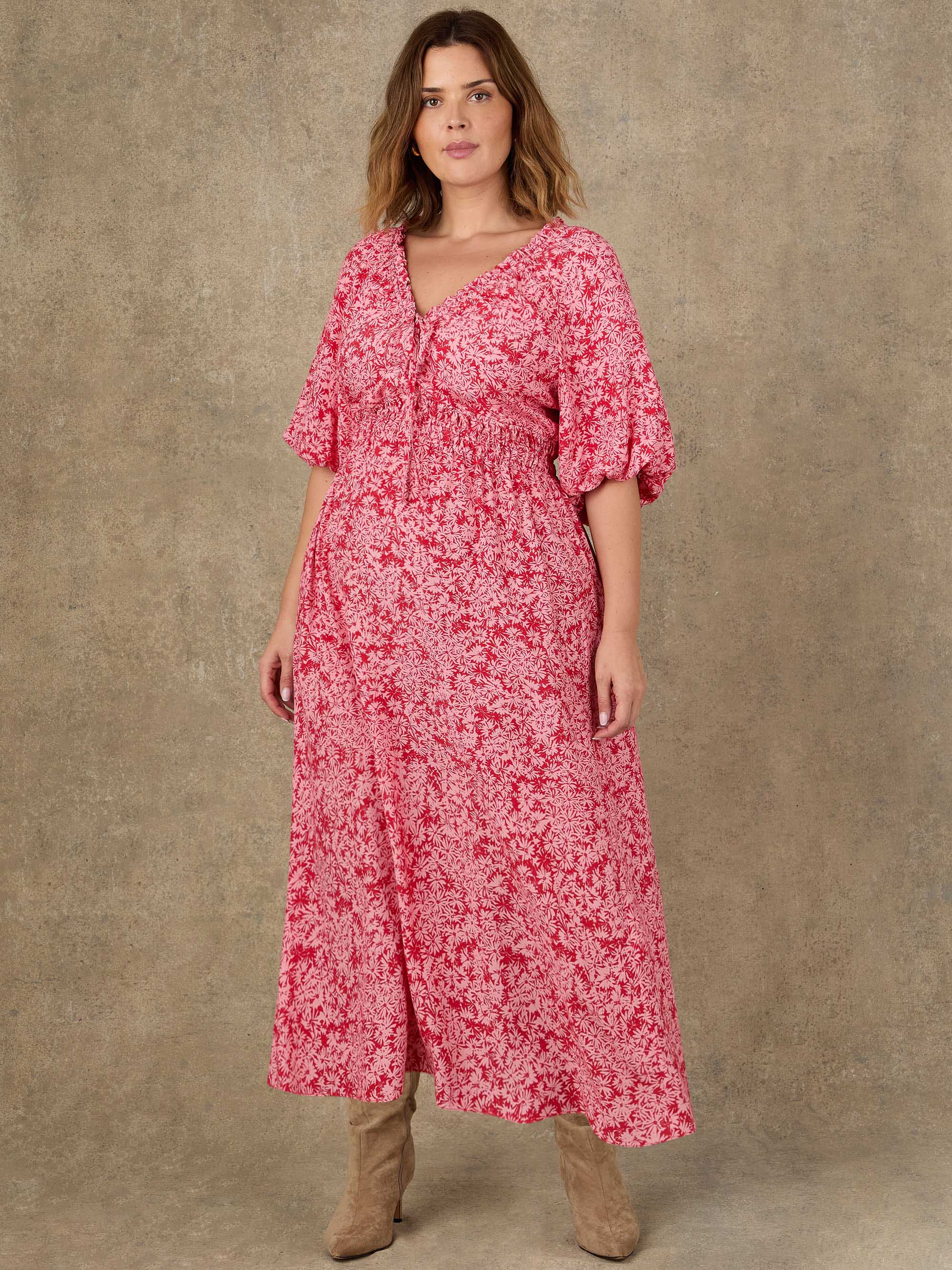 Pink Floral Print Puff Sleeve Elasticated Waist Dress - Image 2