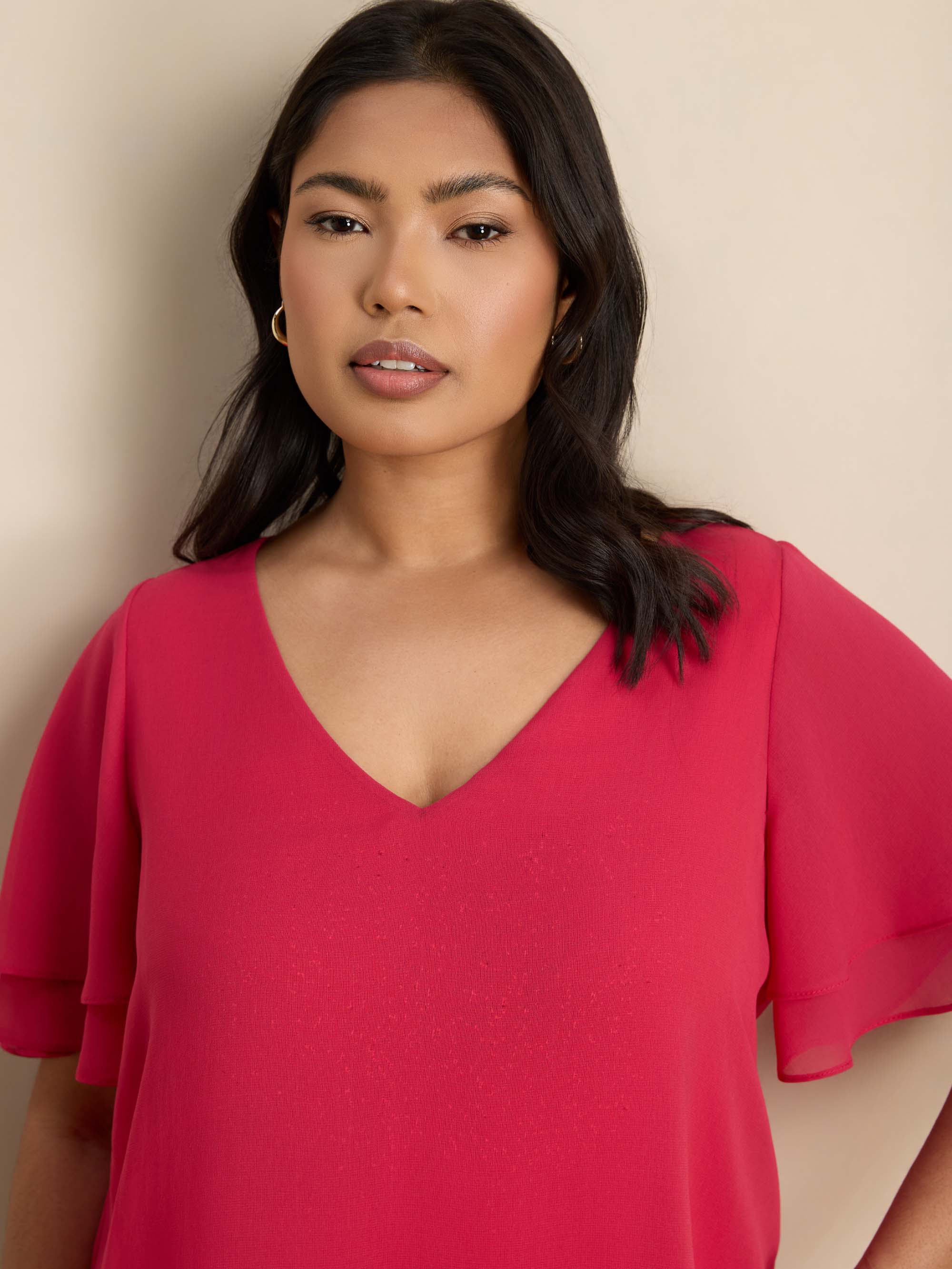 Pink V-Neck Chiffon Flutter Sleeve Overlay Top - Image 2