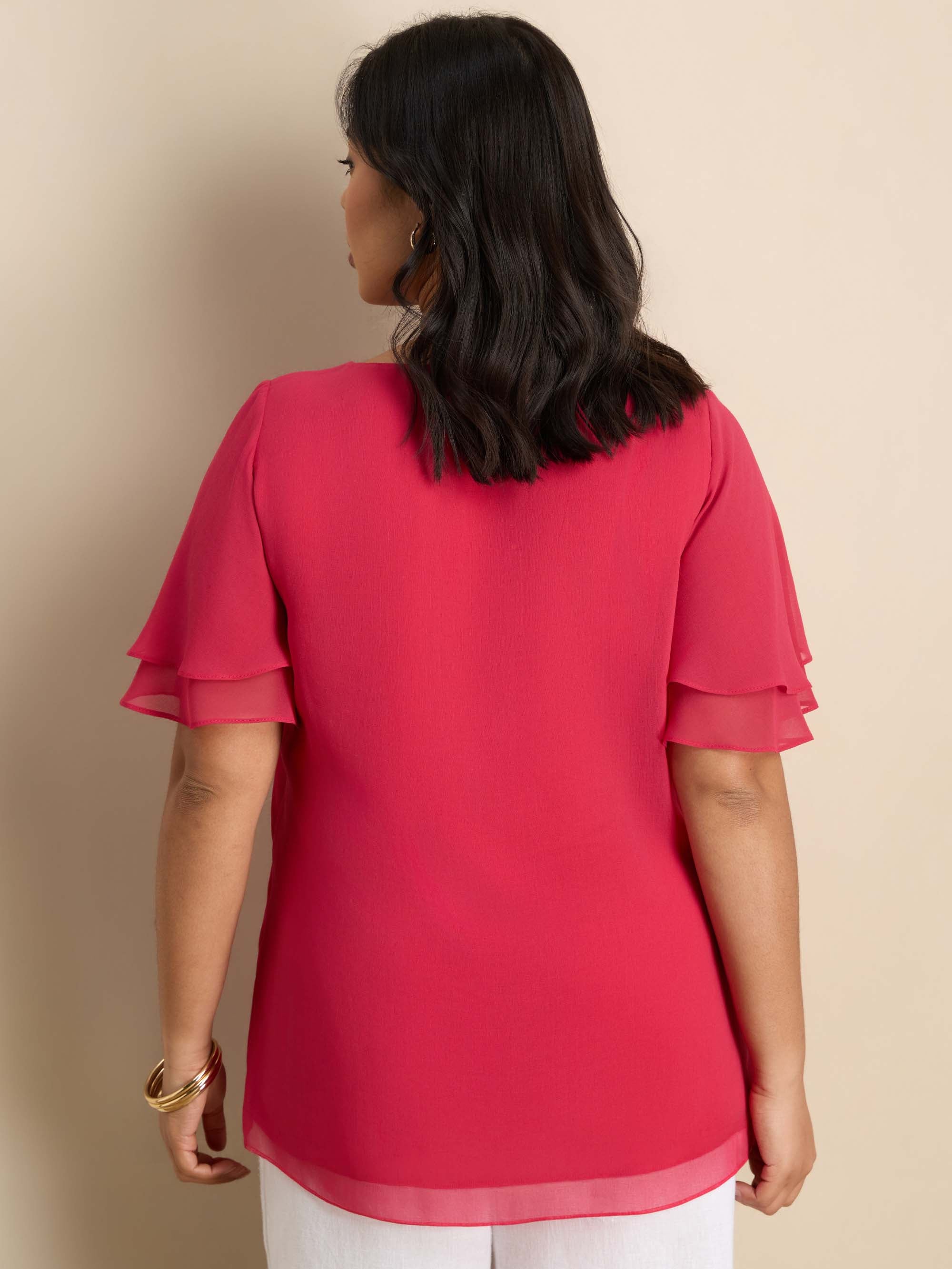 Pink V-Neck Chiffon Flutter Sleeve Overlay Top - Image 3