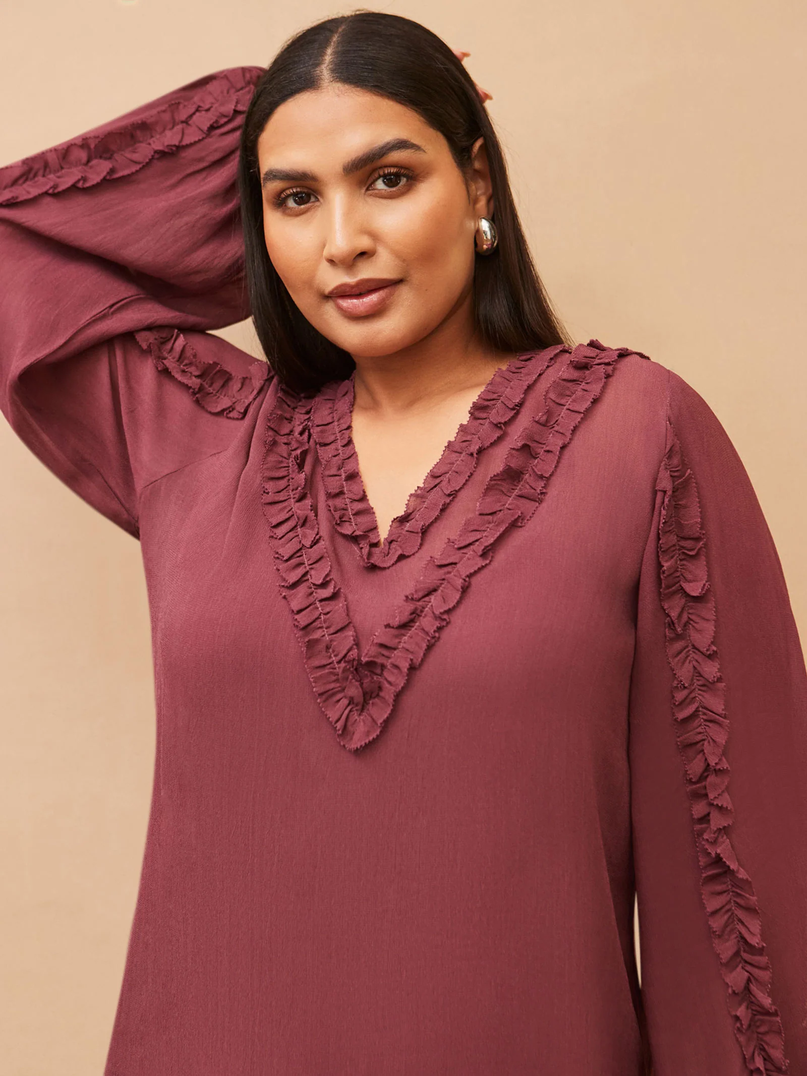 Burgundy Frill Trim V Neck Blouse