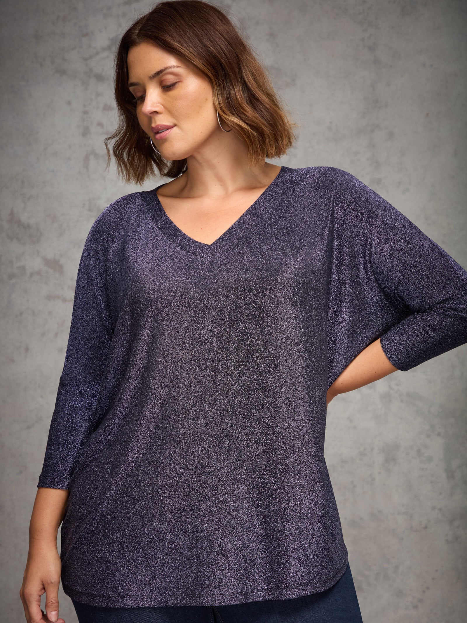Purple Sparkle Jersey V Neck Top - Image 2