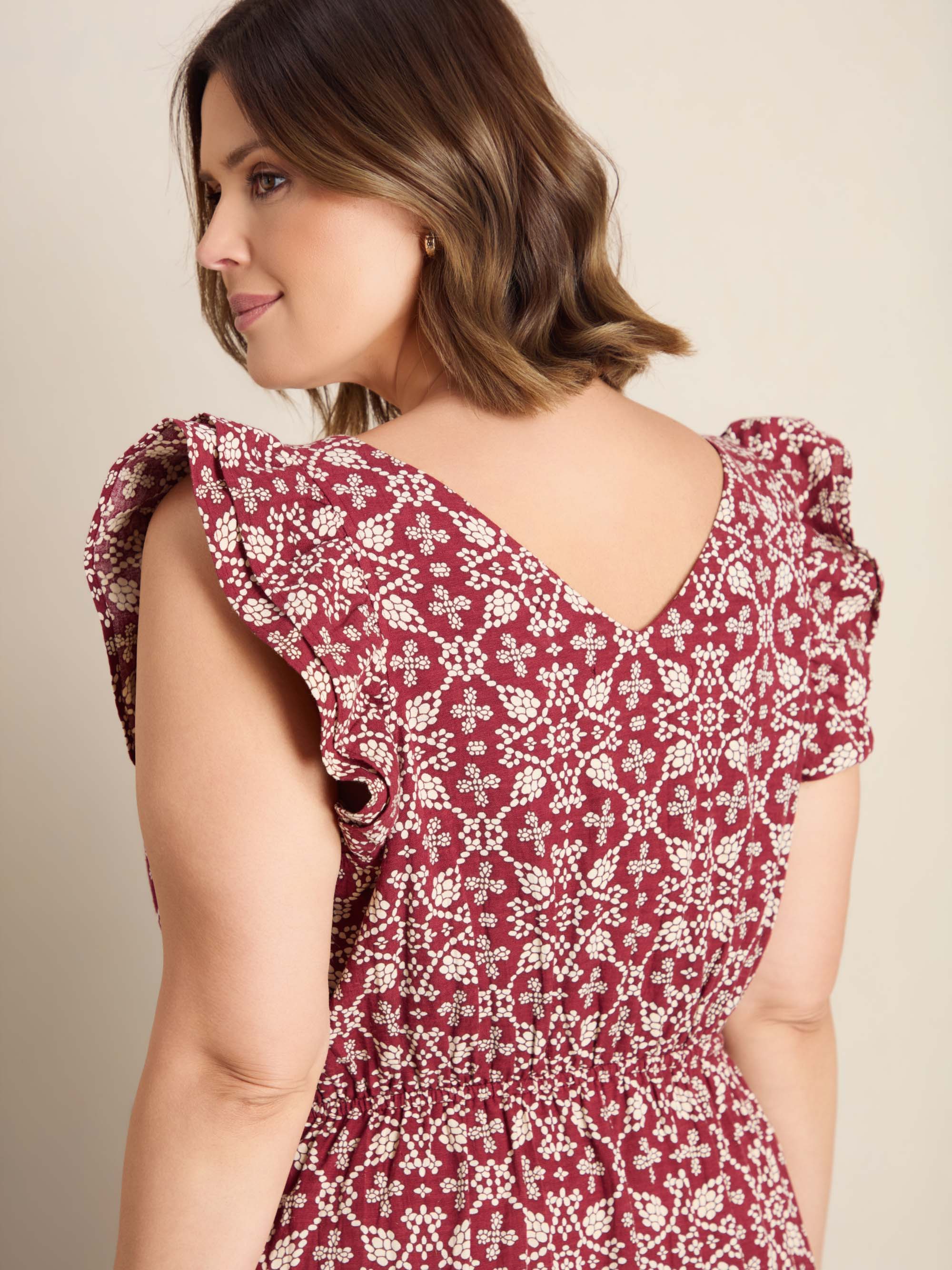 Red Boho Print Linen Blend V-Neck Midi Dress - Image 4