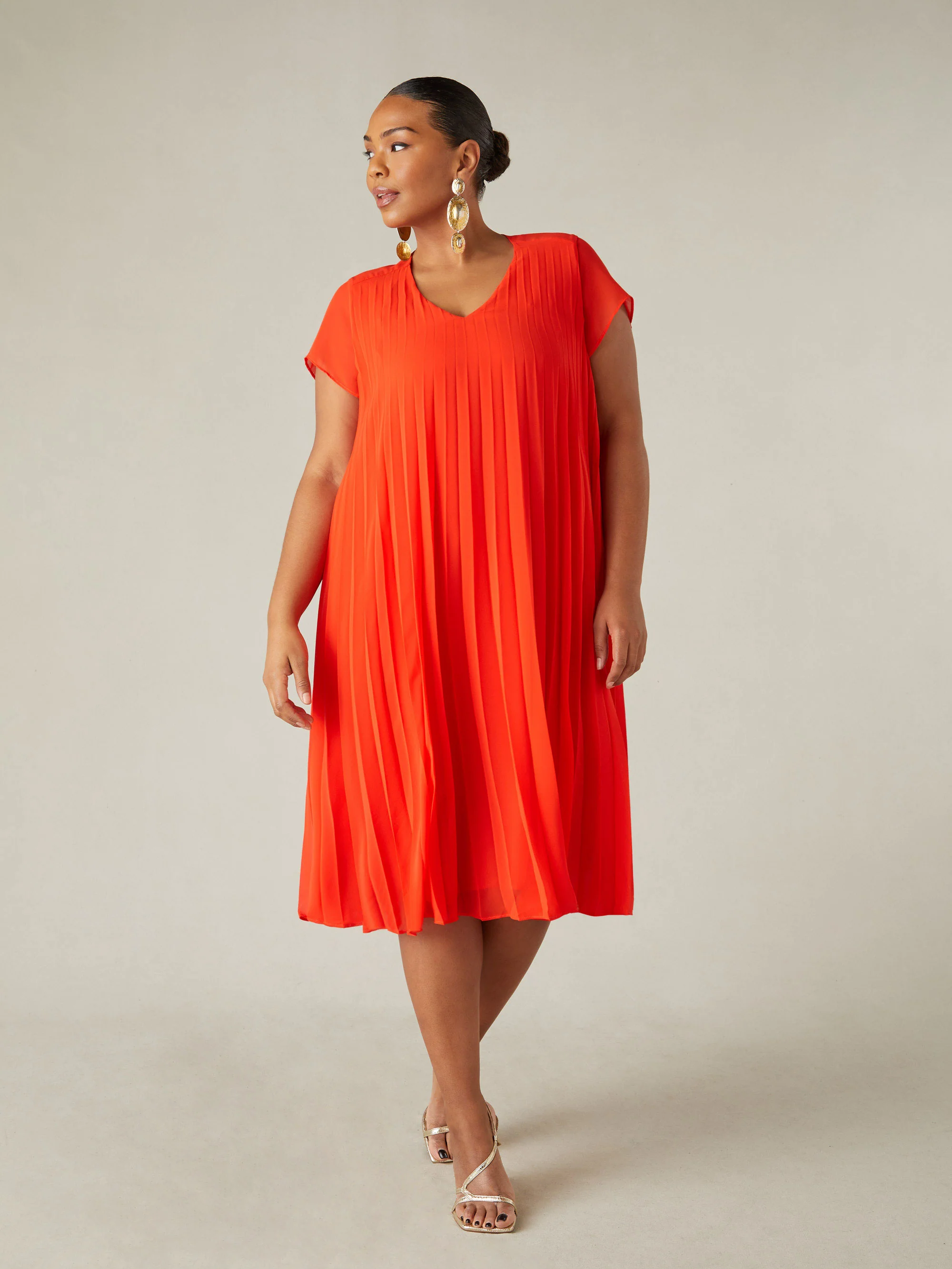 Red Chiffon Pleated Midi Dress