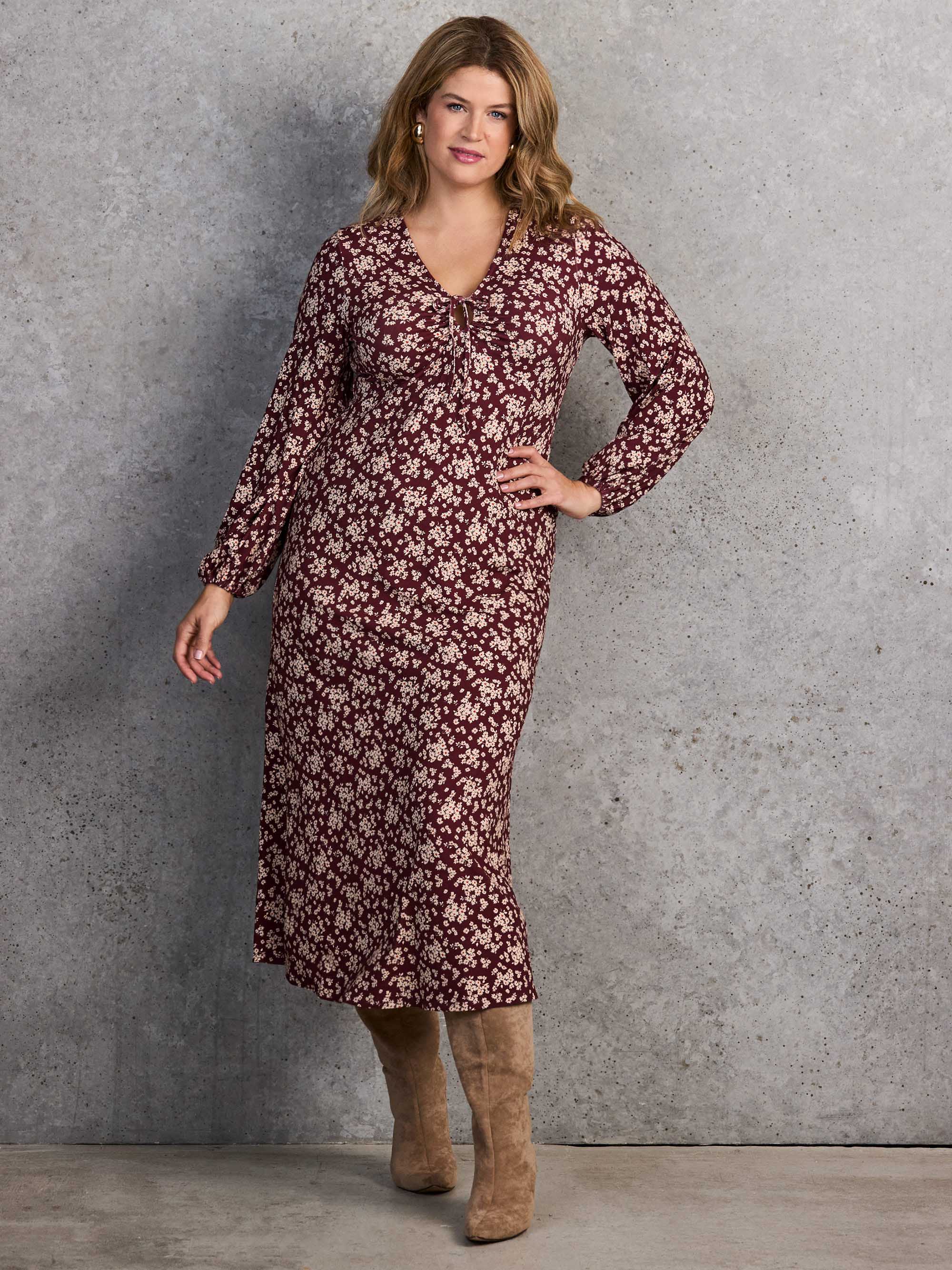 Red Ditsy Tie Keyhole Jersey Dress