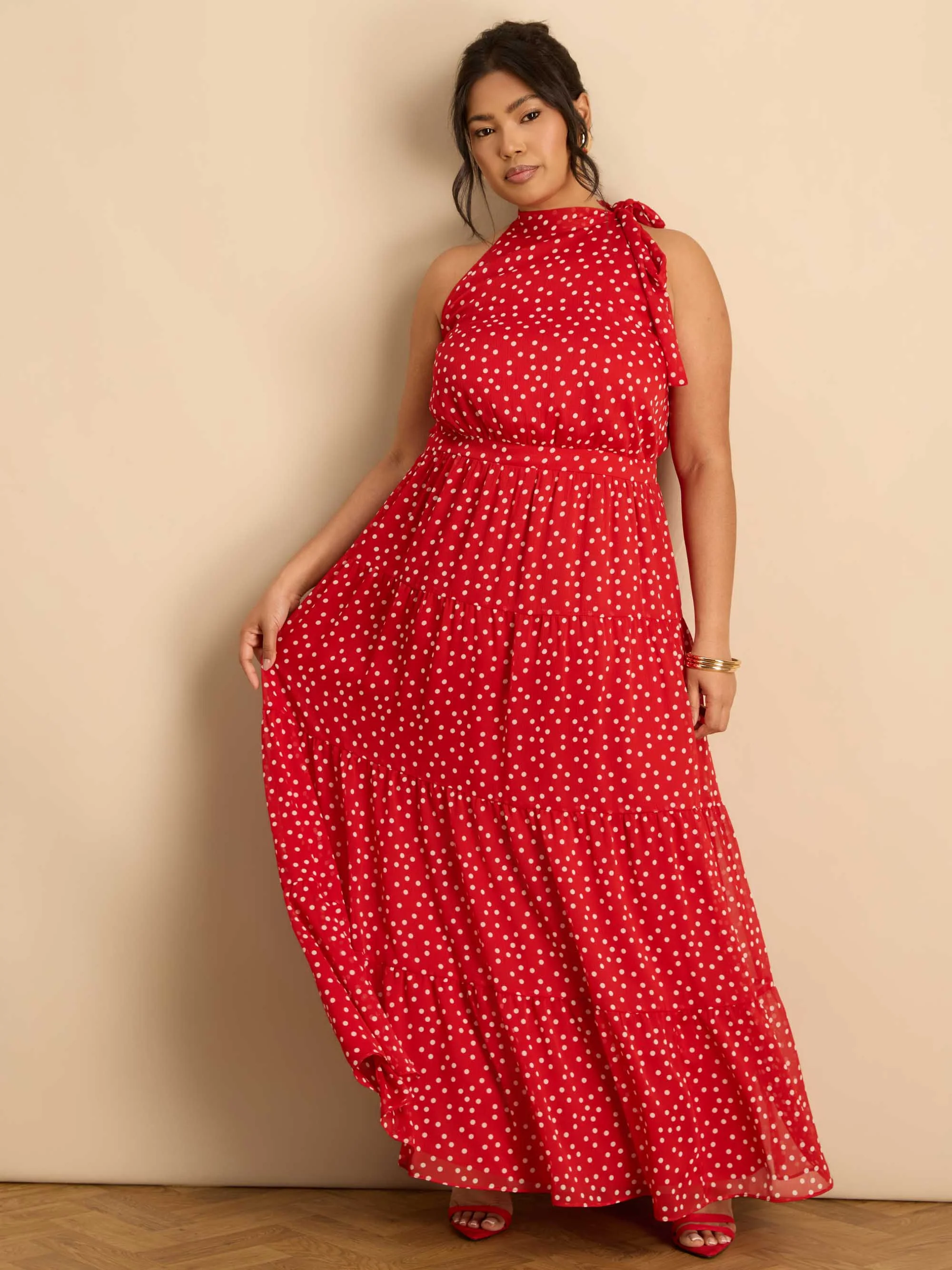 Red Polka Dot Halter Neck Maxi Dress - Image 2