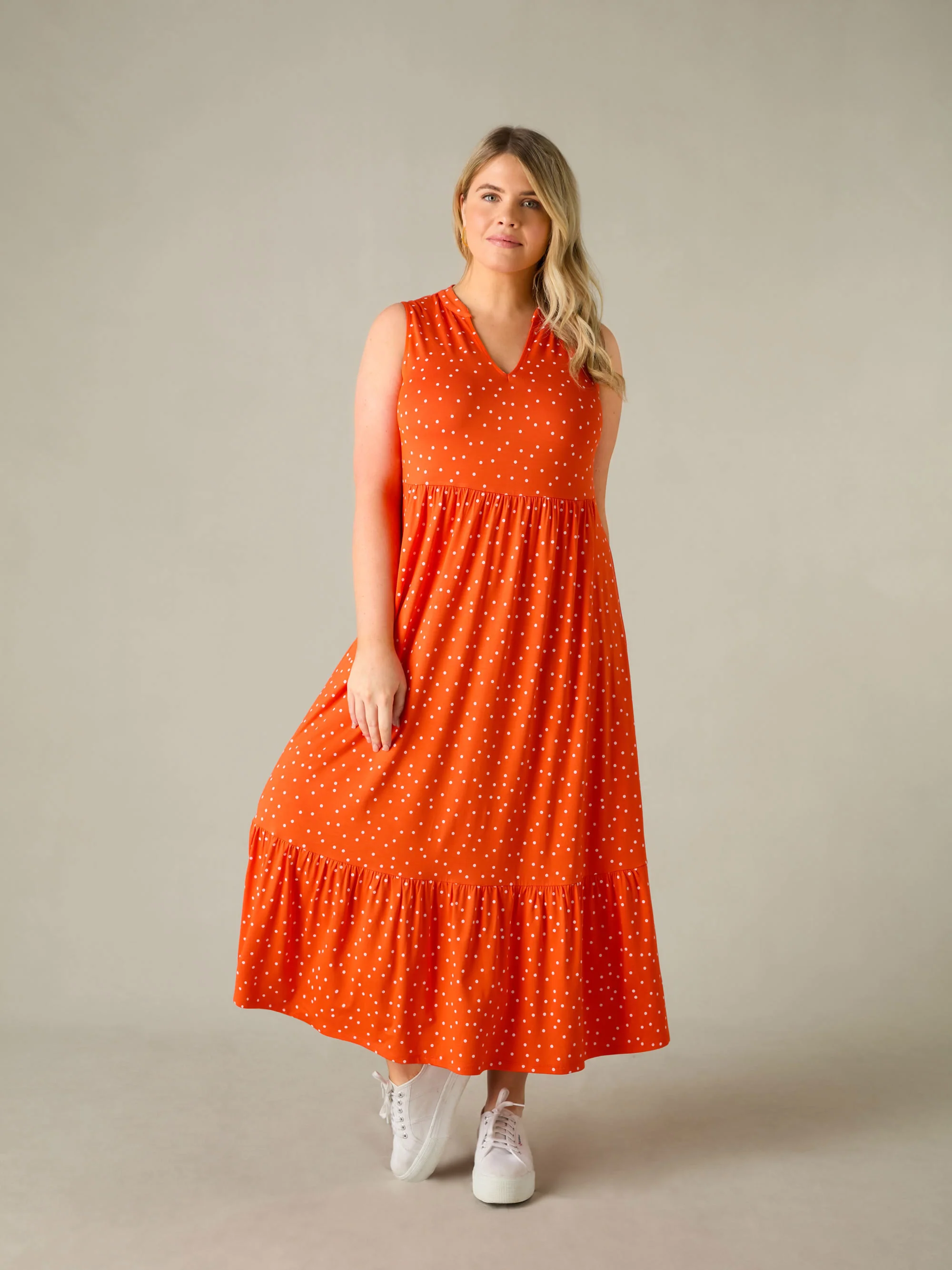 Red Spot Jersey Sleeveless Midi Dress - Image 3