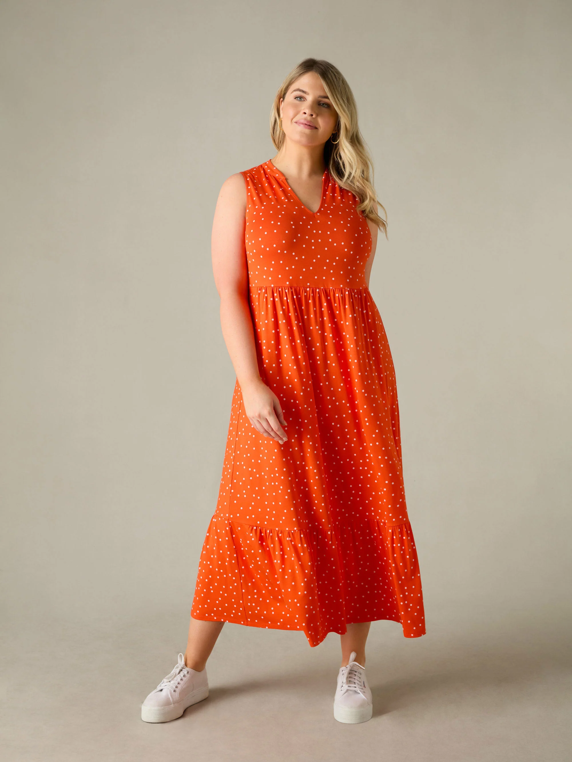 Red Spot Jersey Sleeveless Midi Dress - Image 4