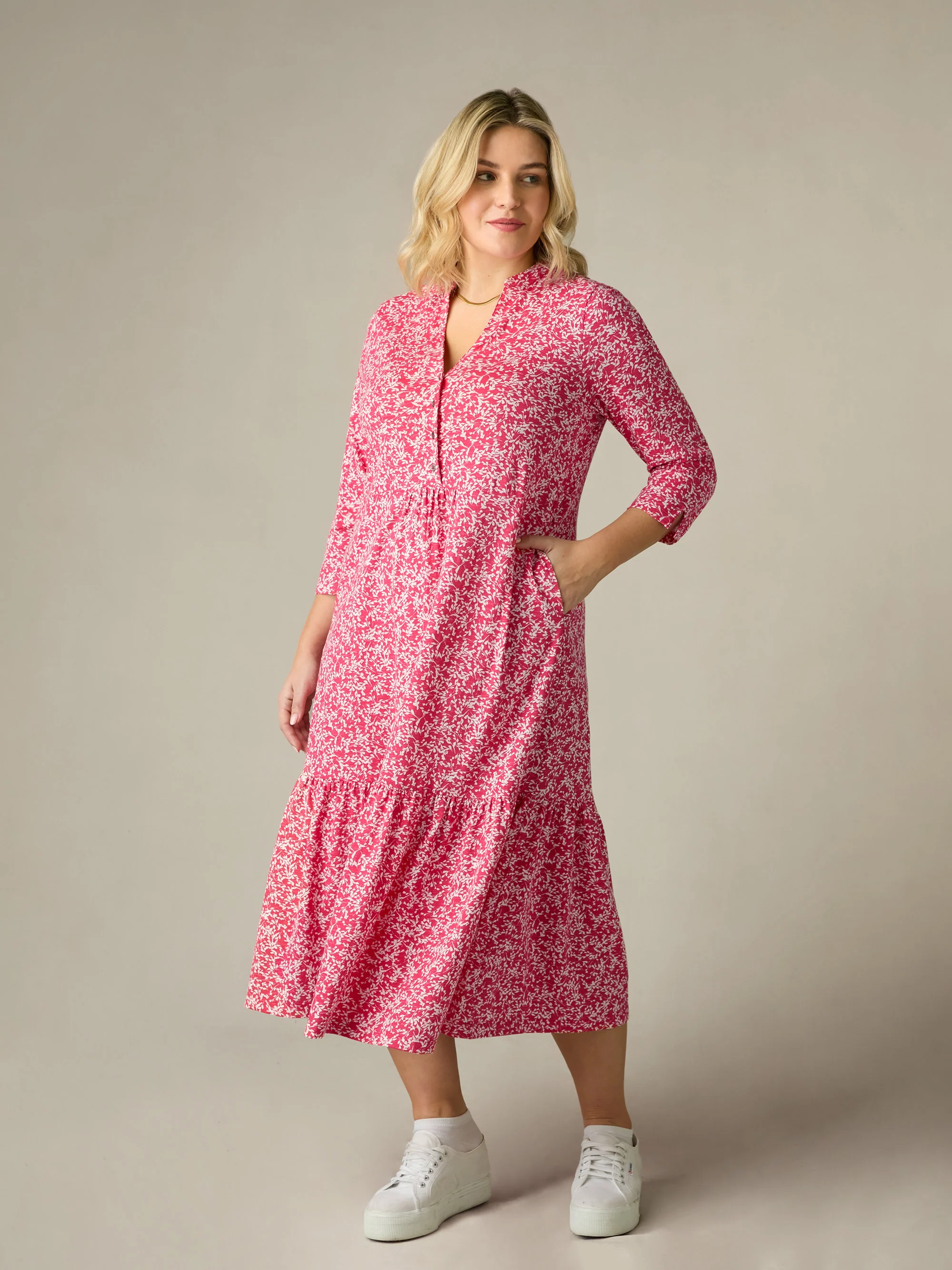 Red Print Cotton Slub Button Front Midi Dress - Image 2