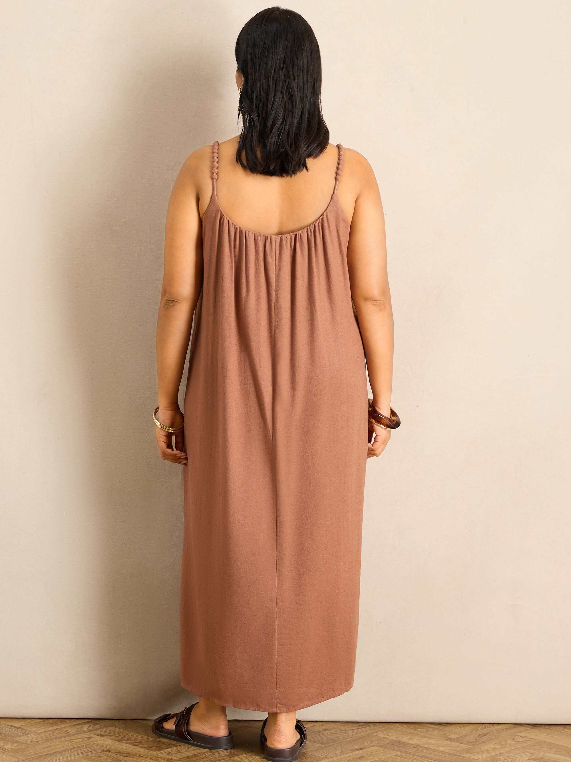 Tan Linen Blend Bobble Trim Maxi Dress - Image 4