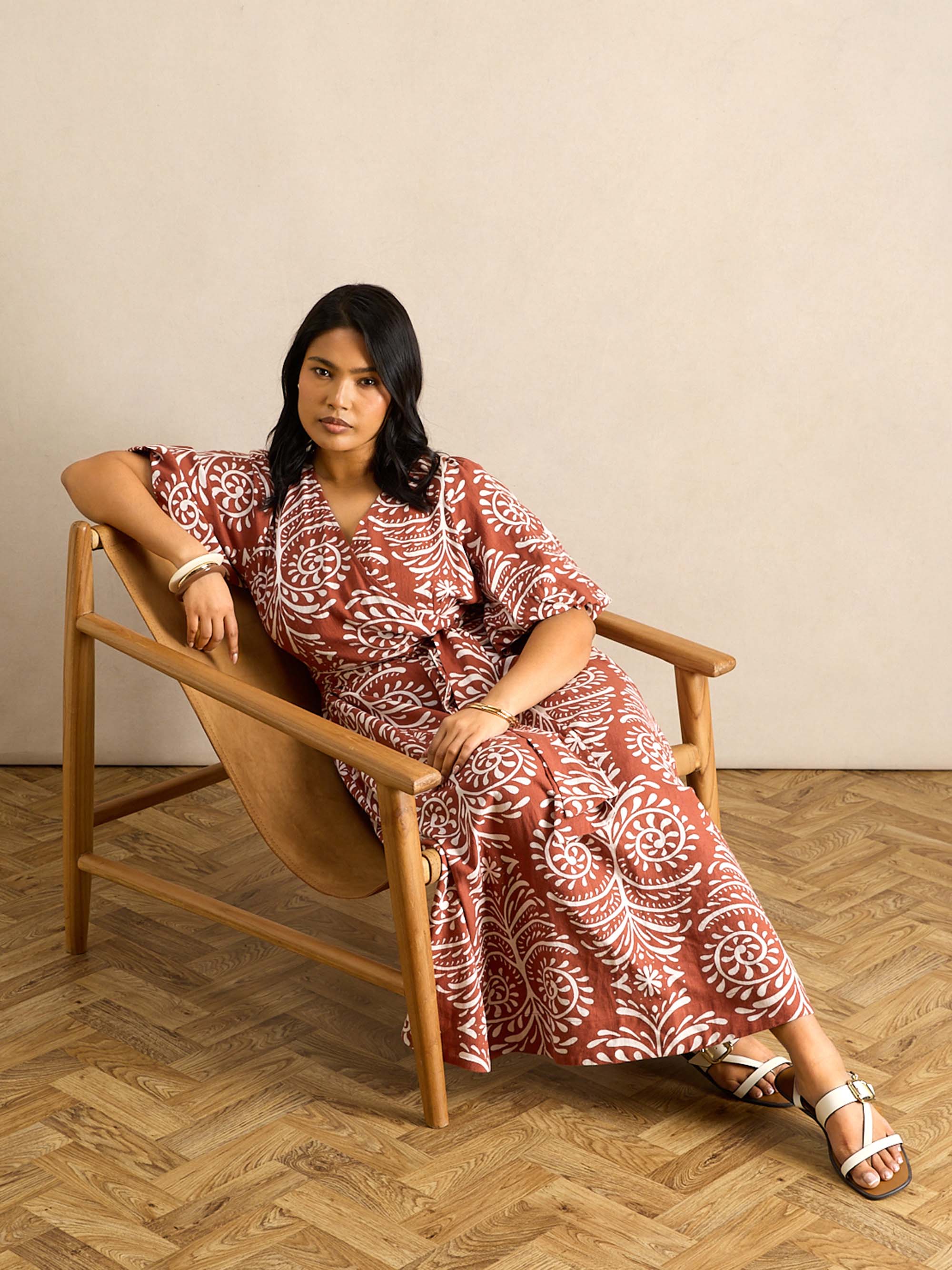 Terracotta Print Linen Blend Puff Sleeve Wrap Dress - Image 2