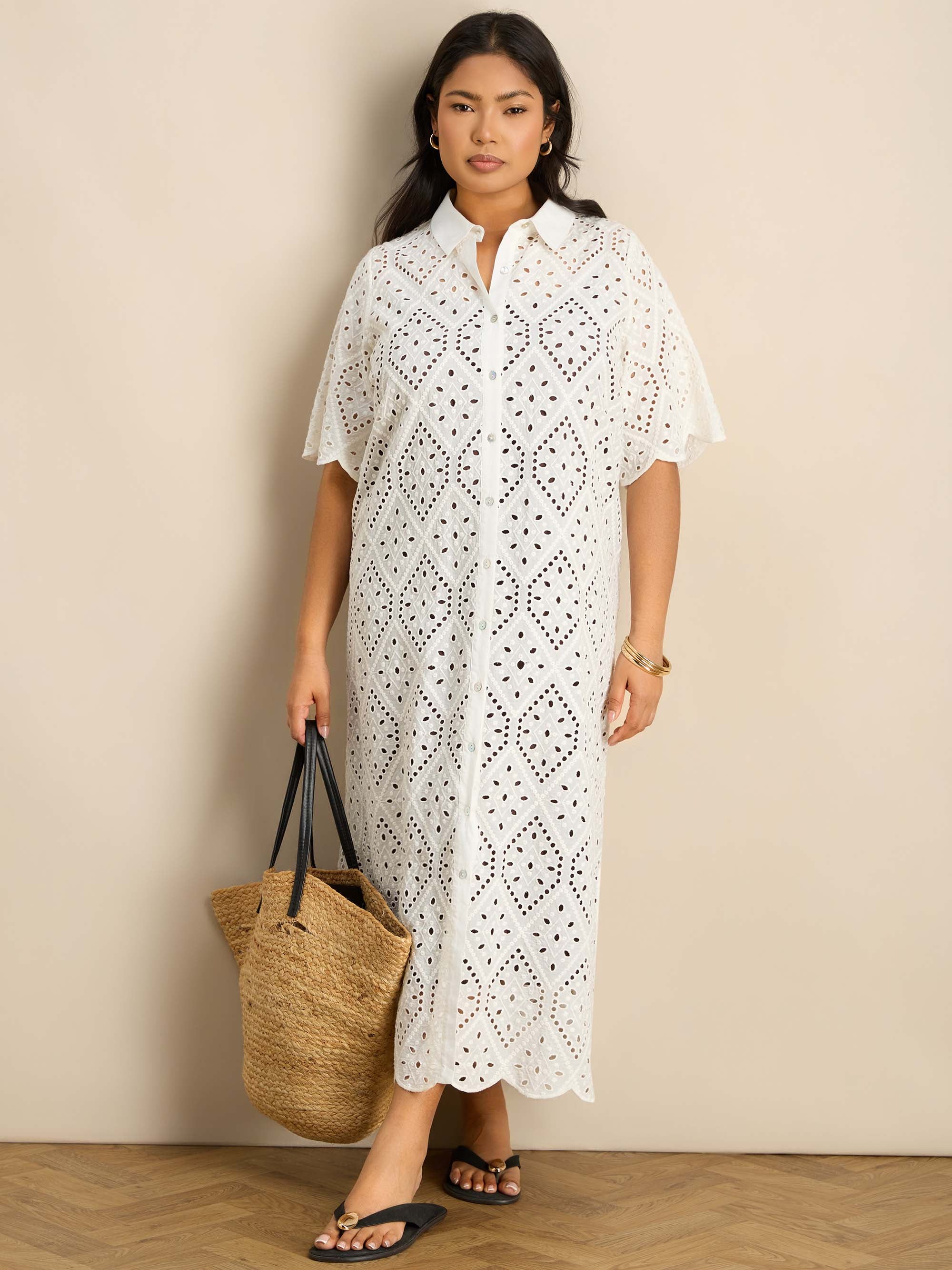 White Broderie Shirt Midaxi Dress