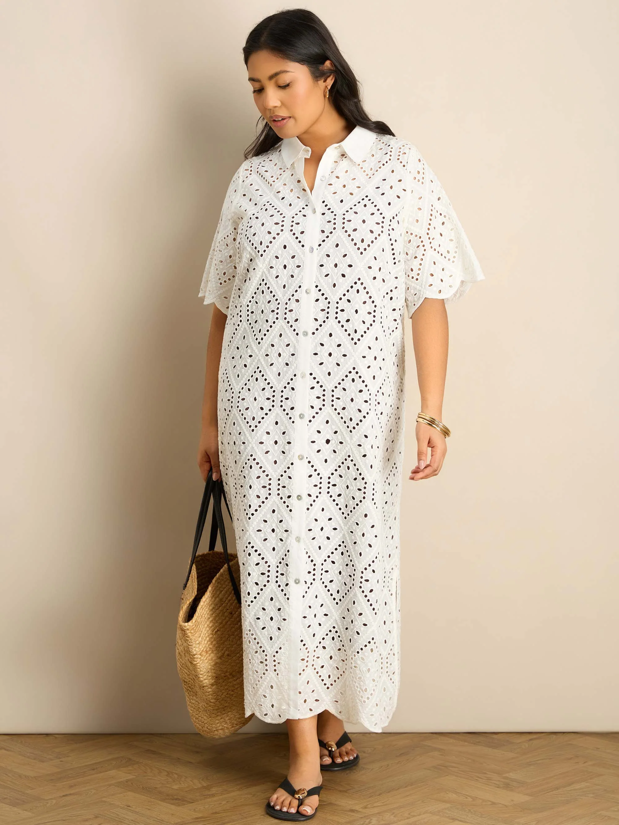 White Broderie Shirt Midaxi Dress - Image 6