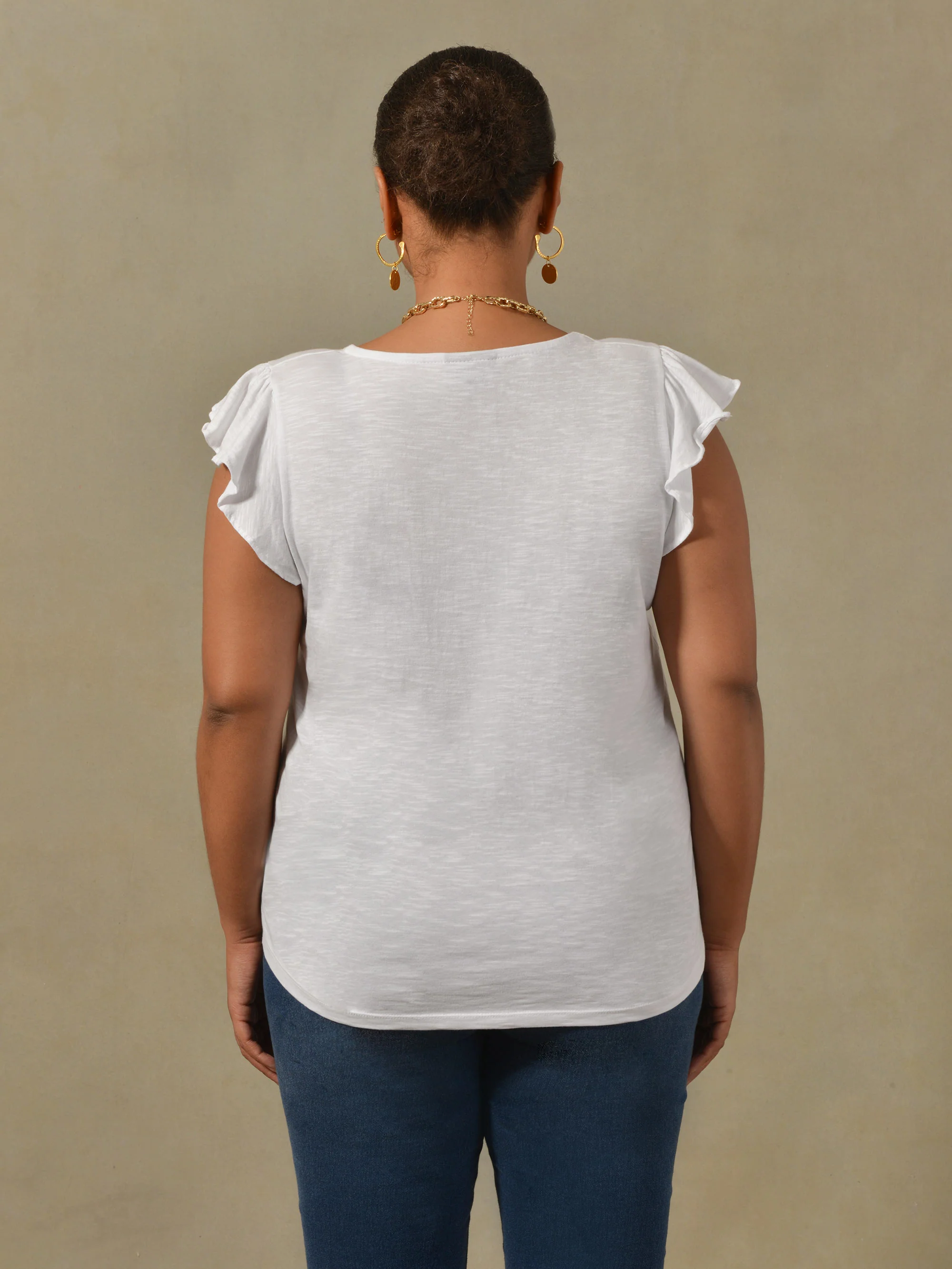 White Frill Sleeve Cotton Textured T-shirt - Image 4