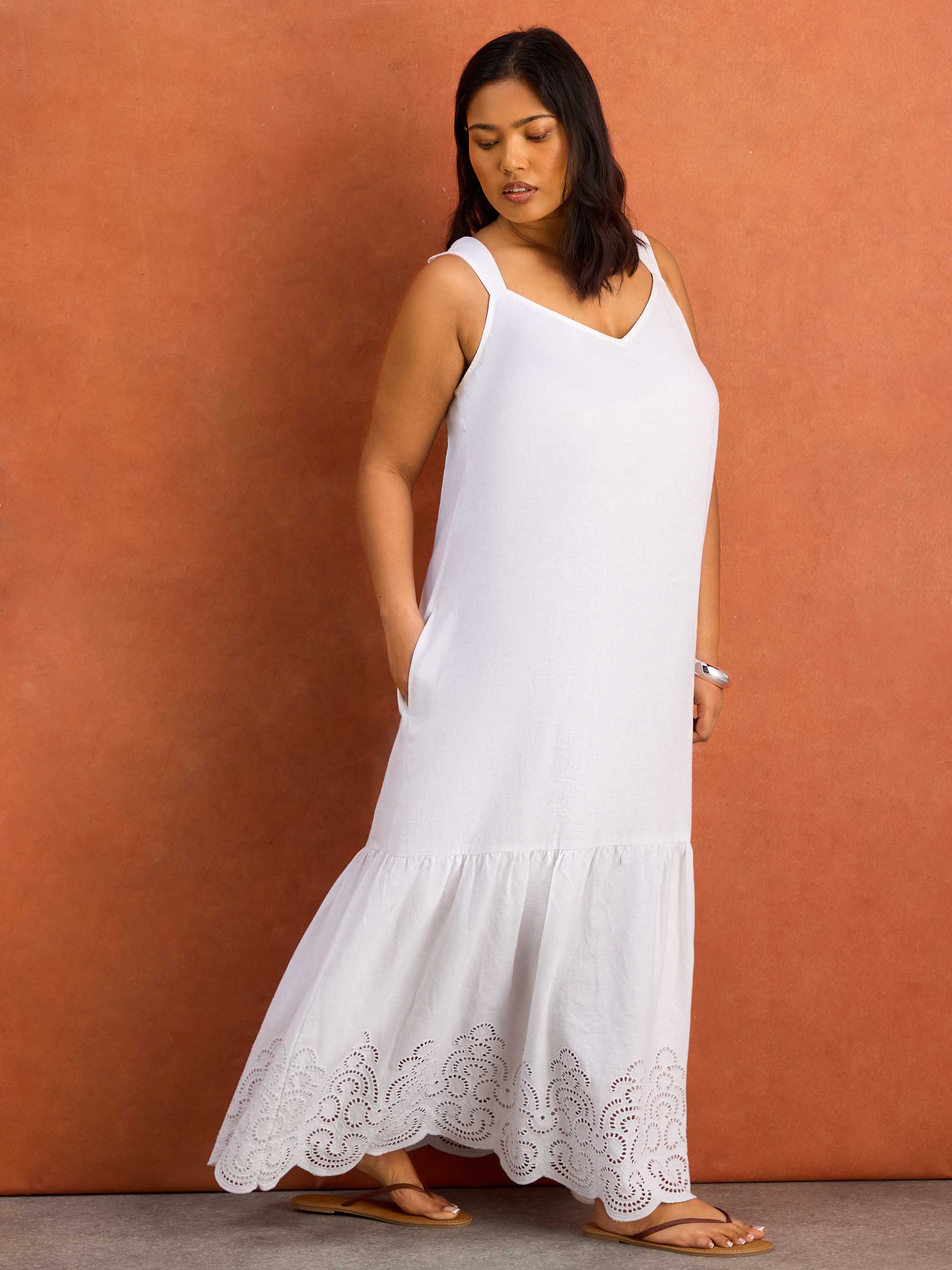 White Linen Blend Broderie Maxi Dress - Image 2