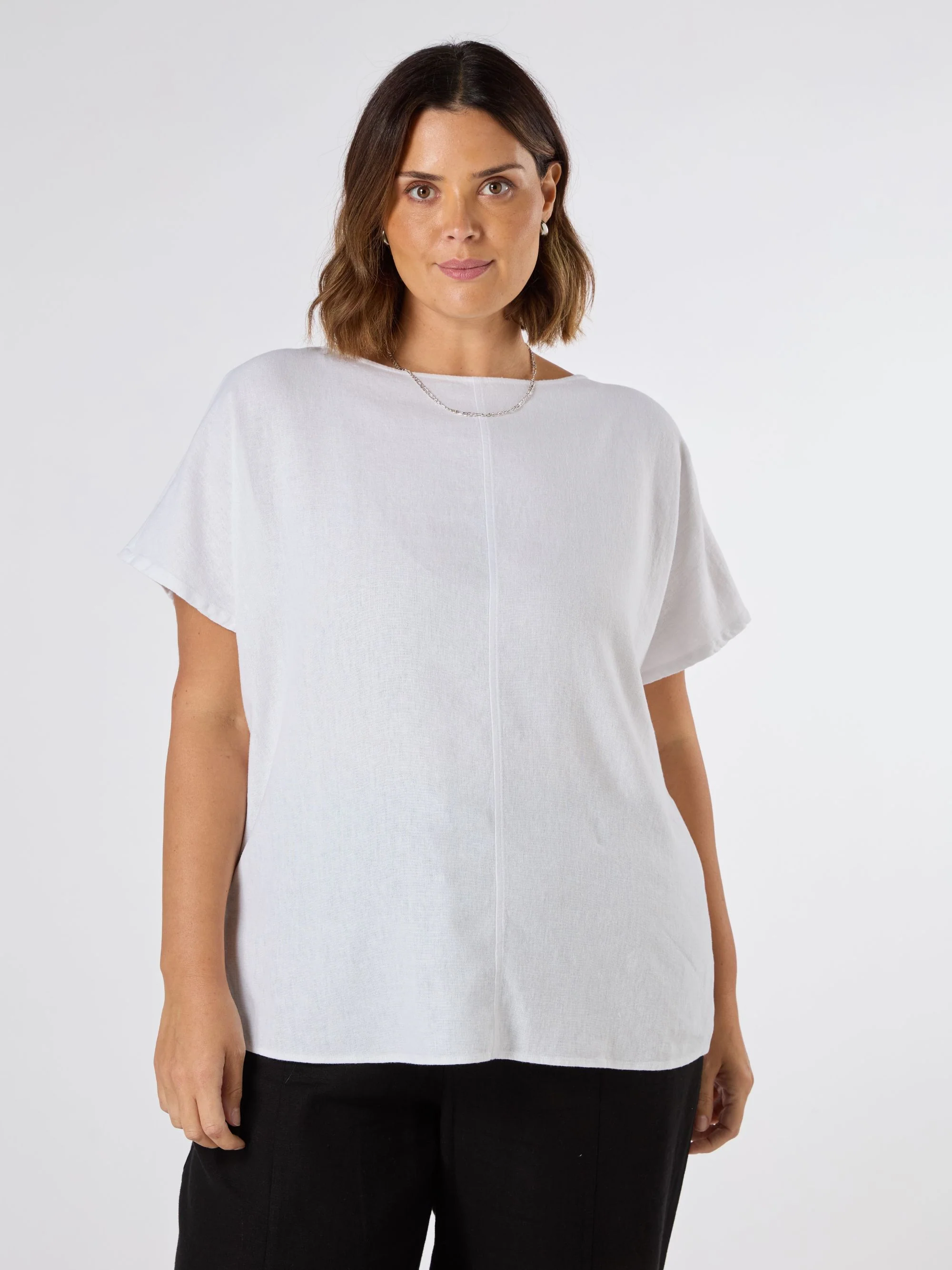 White Linen Blend Seamed Detail Top
