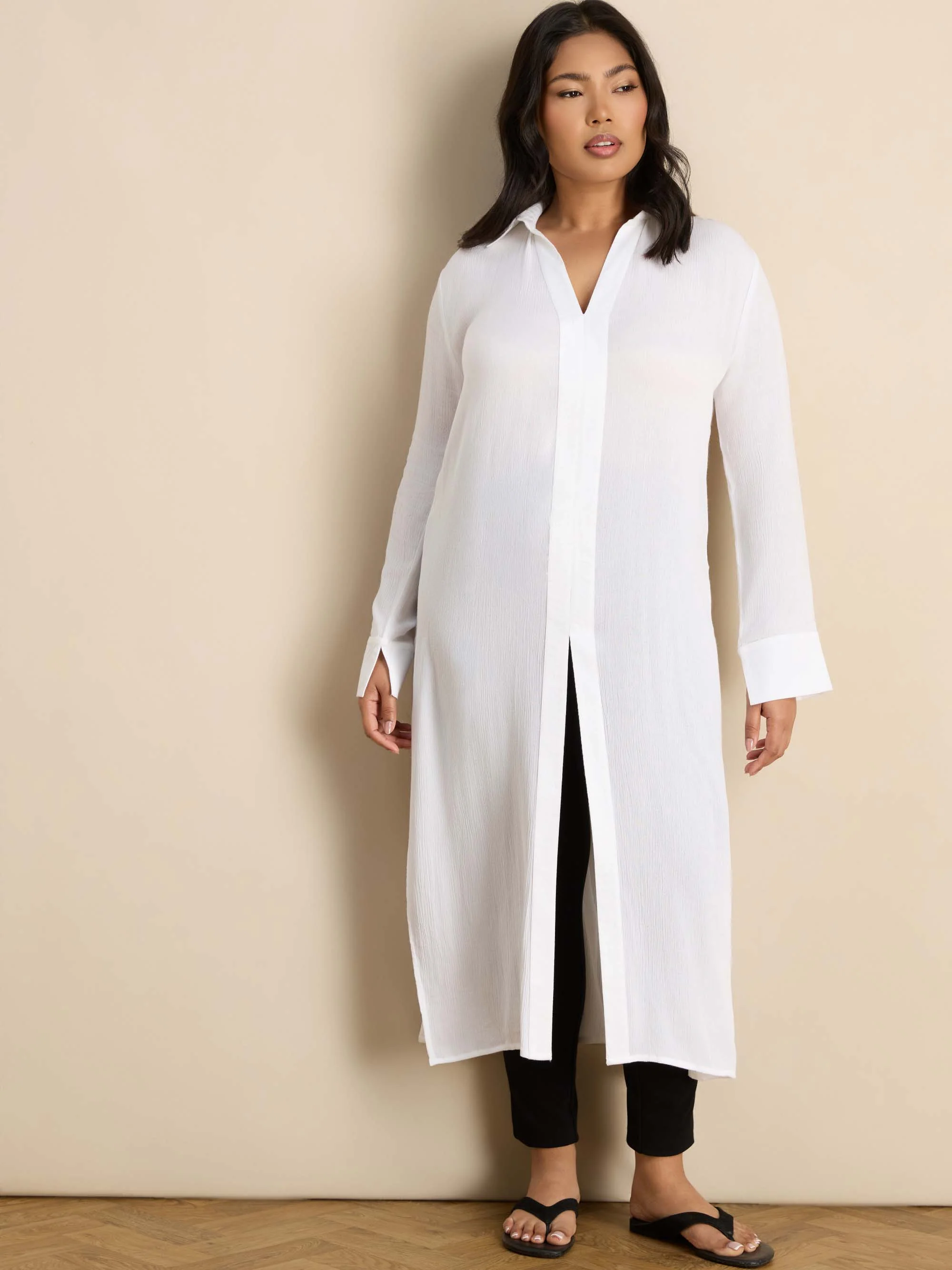 White Split Front Crinkle Tunic